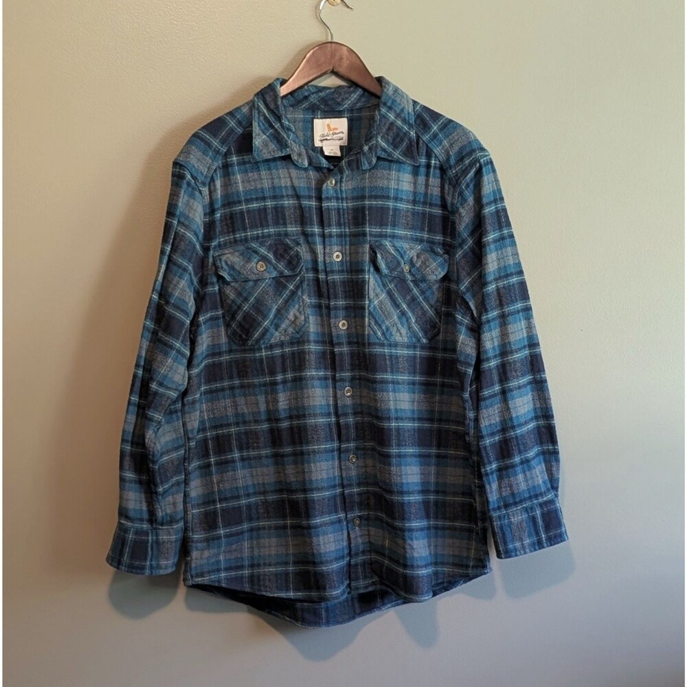 Field & Stream Mens Large Heavyweight Flannel Shirt Blue Plaid Long Sleeve L Up